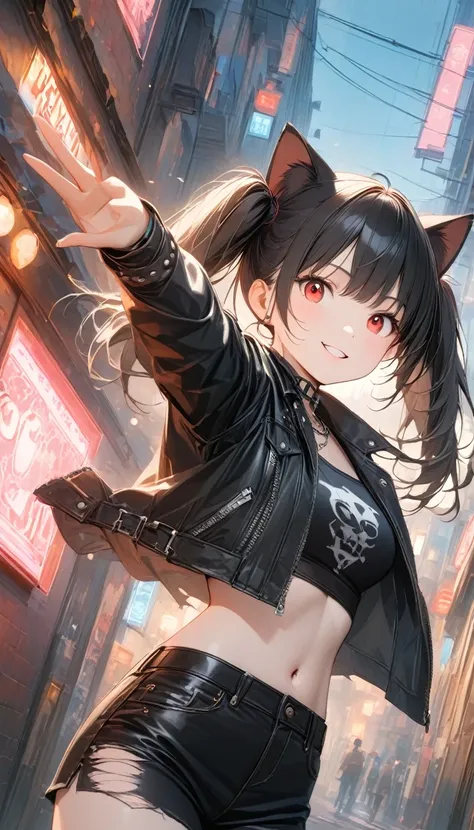 solo,1girl(cute, kawaii, age of 12,(evil smile),(black hair:1),(long hair),(twin tails hair),pale skin, skin color blue, red eyes, eyes shining, (big eyes),(breast:1.4),(punk fashion:1.6),(ripped clothes:1.5),(tight tube top),(tight hot pants),(stomach sho...