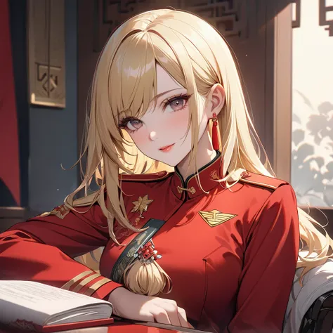 ((Best Quality)), ((masterpiece)), (detailed), （Perfect Face）、The woman is Seras Ashlain, a high elf with medium-long blonde hair, dressed in the uniform of a Chinese Communist Party member, adorned with luxurious jewelry and an engagement ring.、A woman be...