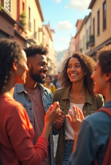 Diverse group of people smiling or greeting each other