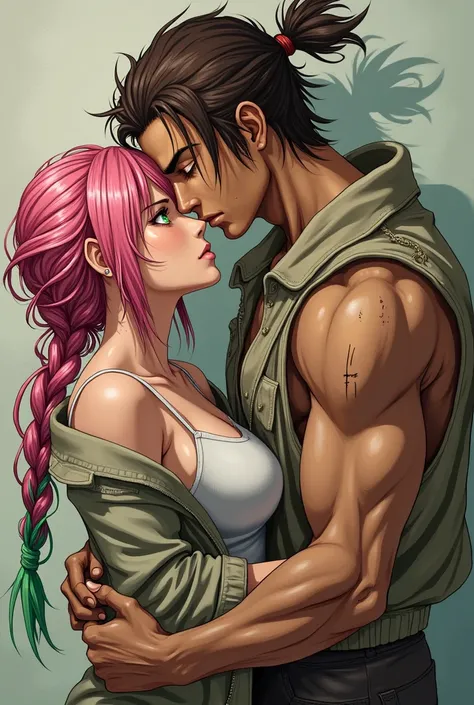 1 light brown man (green eyes) and with three thin vertical scars under each eye, with long brown hair in a small ponytail athletic body (dressed in a long cloth jacket) hugging a woman with pink hair predominating on top and green hair at the ends with tw...