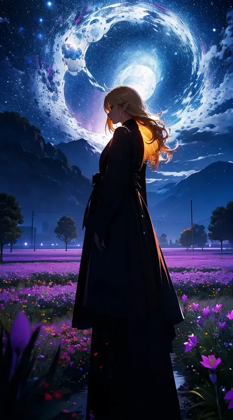 １people々々々々々々々々々々々,Blonde long hair woman，Long coat， Dress Silhouette， Rear View，universe ，Flower Field，night，moon，Colorful flowers