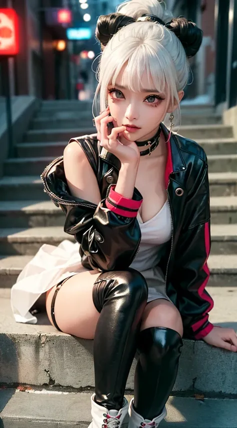 (((8k wallpaper of extremely detailed CG unit:1.2, ​masterpiece, hight resolution:1.2, top-quality:1.2, masutepiece))), ((a very beautiful woman, sad Facial expression, Street fashion:1.2, cyberpunked, wearing a colorful jacket, Wearing boots, Woman sittin...