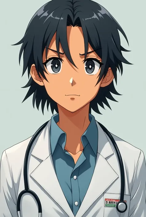 Medium black hair, medium eyes serious, broad shoulders, Orange and smooth skin, half-sharp nose, doctor&#39;s clothes, Male gender, 2 appearance, anime