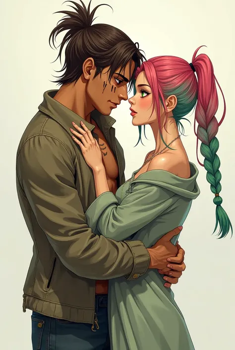 1 light brown man (green eyes) and with three thin vertical scars under each eye, with long brown hair in a small ponytail athletic body (dressed in a jacket that covers his arms in long fabric) hugging a woman with pink hair predominating on top and green...