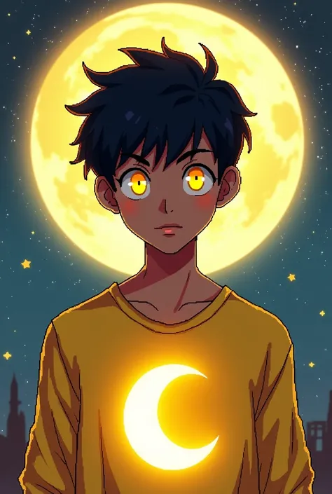 I want a brown skin male character with short straight black hair, I want yellow eyes age a yellow shirt with a full moon in the middle. pixel style with bright night background 