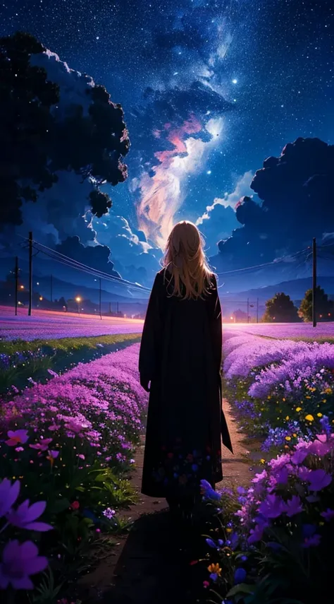 １people々々々々々々々々々々々,Blonde long hair woman，Long coat， Dress Silhouette， Rear View，universe ，Flower Field，night，moon，Colorful flowers