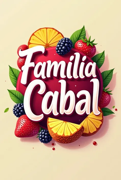 A logo for my yogurt business with a very creative name Familia Cabal that has a fruit background with passion fruit, strawberry, blackberry and pineapple 