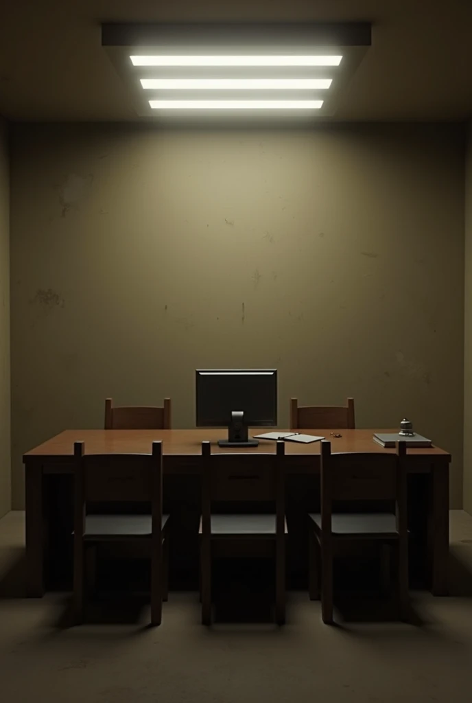 an interrogation room, with beige and brown walls, on it a rectangular wooden table, and a chair next to it, on top of it a computer and a small notebook, in front of the table FOUR wooden chairs, the spot illuminated by a soft white fluorescent light