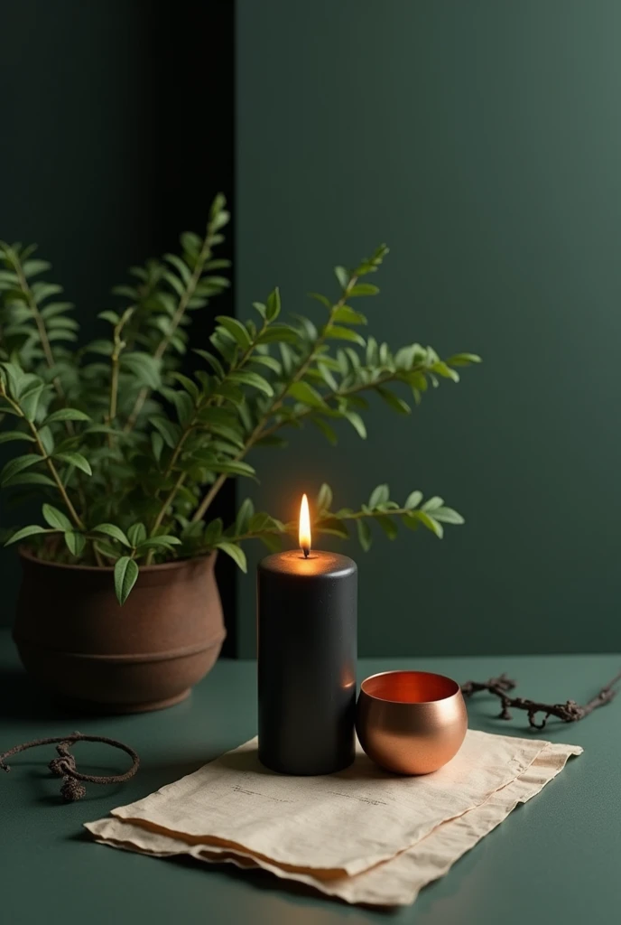 A black candle ,  a green plant, a sheet of paper, a copper container placed next to the candle, zen atmosphere around spirituality, of clairvoyance and universal energies