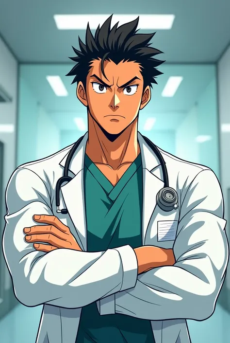 Short black hair, medium eyes serious, green eyes, broad shoulders strong build, Orange and smooth skin, half-sharp nose, doctor&#39;s clothes, Male gender, 2 appearance, anime