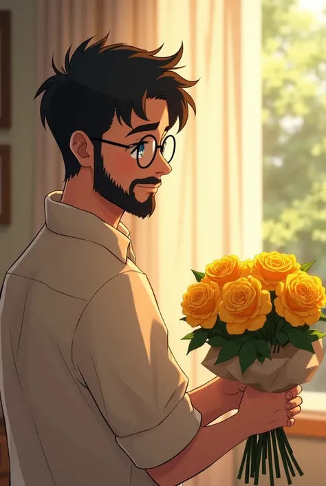 A male character with glasses and an anime-style beard holding a bouquet of yellow roses for a friend