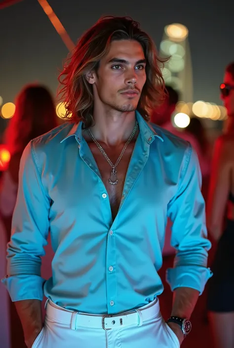 Pretty young man , model , long wavy brown hair , wearing Armani una camicia azzurra e dei pantaloni bianchi, sta bevendo un cocktail , party night in boat in Dubai , people in background, he’s looking left , he is flawless and very viril handsome, Armani ...