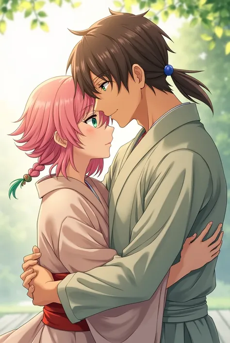 1 light brown man (green eyes), with long brown hair in a small ponytail athletic body (dressed in a yukata) hugging a woman with pink hair predominating on the top and green hair at the ends with two braids and with a mole under her eye near her cheek (dr...