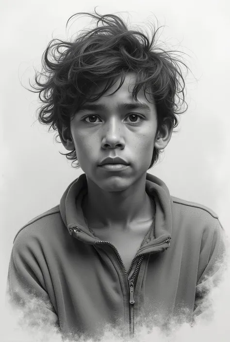 Drawing of a common ugly Bolivian young man with imperfections, messy hair, aquiline nose, messy sweater, big mouth, crushed lower jaw, drawn in a blurry pencil with soft hand strokes, somewhat messy, slight ,