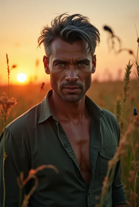 Homme debout, peau noir ( cheveux gris foncé) (yeux verts), un séducteur,  sourcils levé,  visage fermé, chemise déboutonné, environnement campagne ( insectes visible,  soleil levé) , image net et de résolution 8k