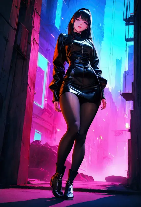 (8k, RAW Photos, highest quality, masterpiece: 1.2), beautyfull european woman 30 years old, black pantyhose, boots. cyberpunk, animation, fantastic and mysterious background, high saturation, high contrast, sexy face, full body shot  