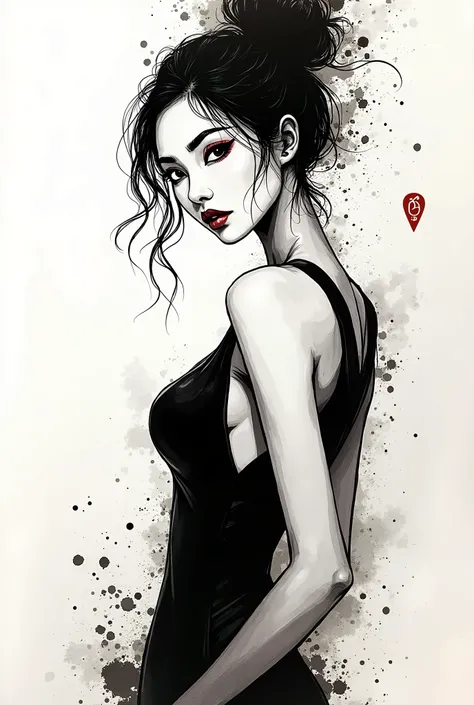 A beautiful young Asian woman ink exaggerated expression figure ink stain line outline ink stain ink stains, elegant, artwork with paint splashes around, and ink dripping at the bottom of the image, innovative, elegant