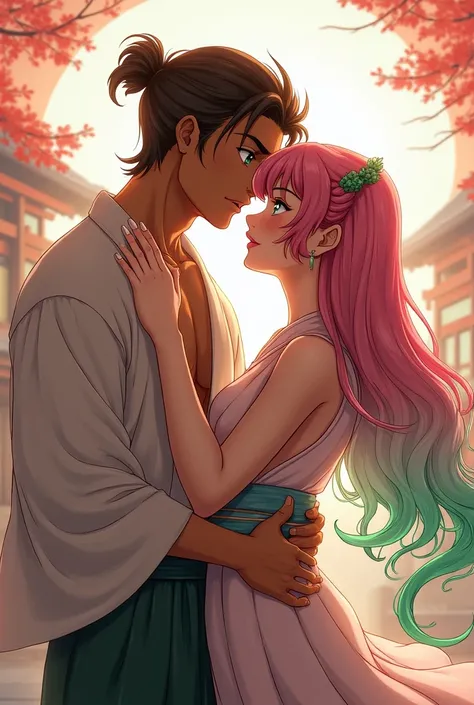 1 light brown man (green eyes), manly face, with medium long brown hair in a small ponytail athletic body (dressed in a yukata) hugging a woman with long pink hair predominating on the top and green hair at the ends with two braids and with a mole under he...