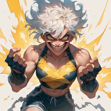 A woman with short white hair, tough and intimidating, defined abs, black arms of power, wearing top, wearing black shorts, smiling mischievously, sharp teeth, white background, eye color yellow, completely hurt