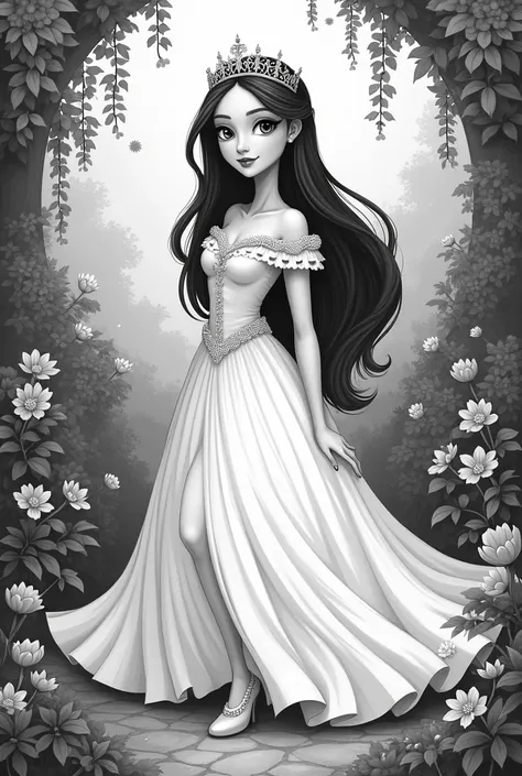 Create a princess with straight hair, in a garden, of dress , a non-realistic drawing, with a tiara thick eyes and a flat nose full and sweet lips, dress that reaches the feet. Colorless Shoe, black and white only!
