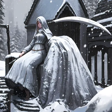 sister_friede
masterpiece, best quality, absurdres, outdoors, snow, castle, holding scythe