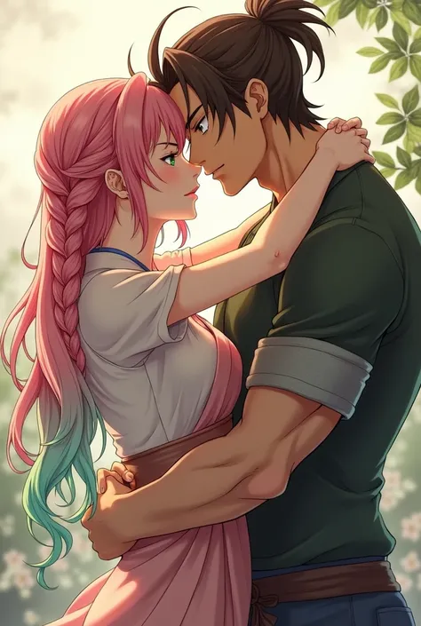 1 light brown man (green eyes), manly face, with medium long brown hair in a small ponytail athletic body (dress with canisa closed marl sleeves) hugging a woman with long pink hair predominating on the top and green hair at the ends with two braids and wi...