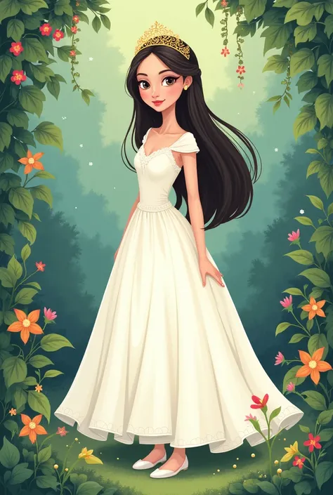 Create a princess with straight hair, in a garden, of dress , a non-realistic drawing, with a tiara thick eyes and a flat nose full and sweet lips, dress that reaches the feet. Colorless Shoe, only white

