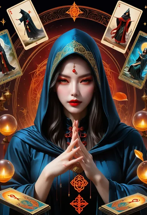 Onmyoji，Metal photo frame，card，tarot cards：1.37.Mysterious fortune teller wearing hood，Finger taps an array of tarot cards in the air，Mystical symbols and elements，ancient mysterious atmosphere，Realistic illustrations，meticulous details，Vibrant and energet...