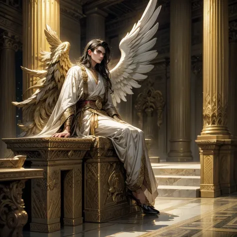 1 young man, long black hair, green eyes, big red wings, full body, perfect anatomy, ancient greek clothes, masculine, defined body, greek temple, night, white clothes, golden accessories, ((1man with angel wings))