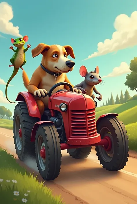 Dog riding a tractor while running away from a rat on a red motorbike, with a lizard therefore a weapon