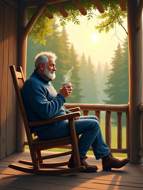 a middle-aged man drinking coffee, wearing a blue sweater, wearing jeans, wearing leather boots, while sitting in a rocking chair inside a wooden balcony of his house, while watching the sunrise facing a small forest