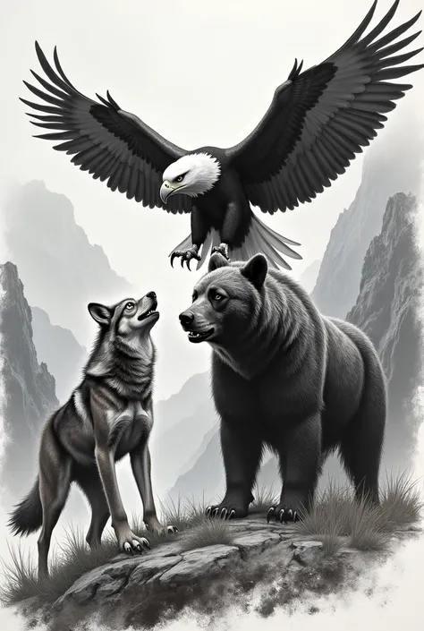 drawing of an eagle, a wolf and a bear