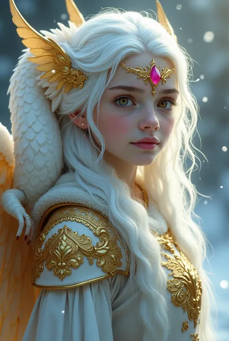 create a mythological being that is 1 and young, one of his eyes is bright hazel and the other green and his hair is white and very long, on his forehead he has a ruby crystal ,she wears medieval clothes and golden armor , She also has golden dragon wings ...