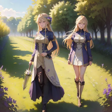 anime girl with long blonde hair standing in a field, violet evergarden, zerochan art, 4k anime wallpaper, cushart krenz key art feminine, anime art wallpaper 8 k, zerochan, anime art wallpaper 4 k, anime art wallpaper 4k, official art, anime wallpaper 4 k...