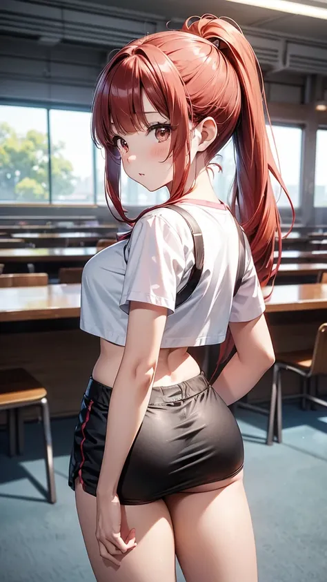 (suzu), ore no imouto ga konna ni kawaii wake ga nai, 25-yers-old girl with crimson red hair- pulled up into twin ponytails, wearing a floral crop top and mini skirt, library background, standing with her back to the camera, head turned to look over her sh...