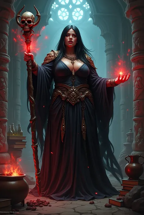 world of warcraft theme, realistic image, a woman, ((small breasts)(, ((black ethnicity)), wizard, gothic clothing, full body, a staff with a skull on top, red eyes, mixed black ethnicity, girl curvy, long straight black hair, chubby body, breasts showing,...