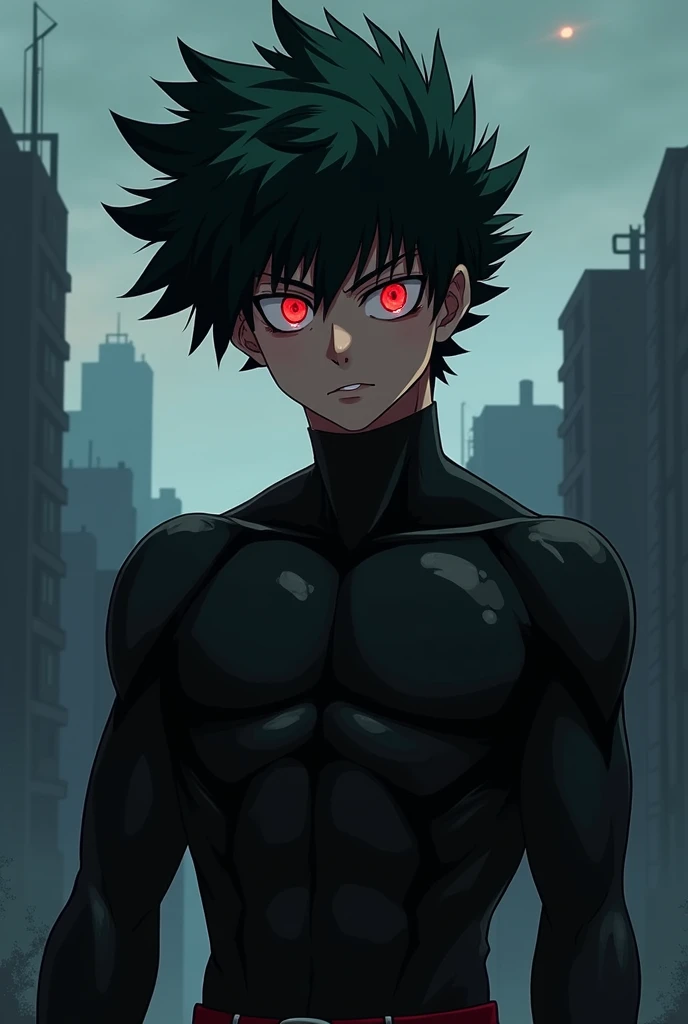 Make the teenager Izuku Midoriya, but change the hair to BLACK color, and the eyes to dark red color, e de um traje de herói sombrio 

O cabelo é therefore, therefore, and the costume could be based on Aizawa&#39;s, only darker, ele ainda tem que parecer u...