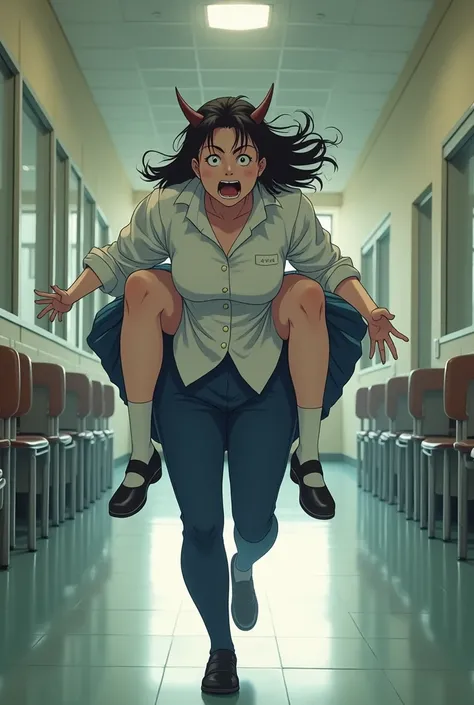 Anime guy running down the corridor of the school he is a demon king that became an ordinary schoolboy, on his shoulder he carries a teacher on his shoulder with a big ass, she is dressed in a uniform white blouse and blue skirt from under the skirt you ca...