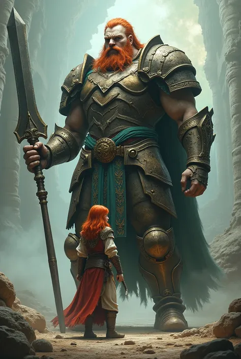 Create an image of the giant Goliath with a sword and spear and the young redhead with a gentle appearance, with a staff and a bag 