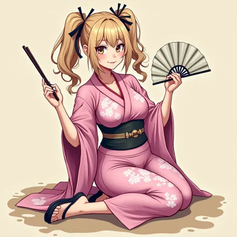 Samurai fwminino  loira kimono rosa, with a pair of chopsticks in the right hand and a leke in the left hand , two chucas  , wearing black leggings and flats, large breasts and very thick legs