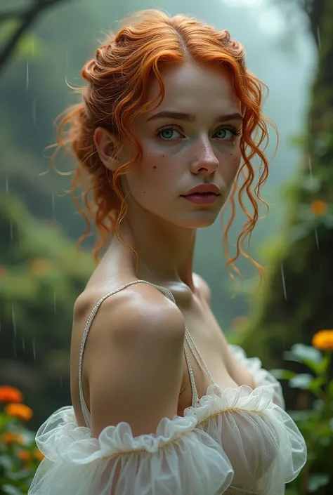 cute woman under drizzling rain, (elegant, beautiful face), transparent white dress, forest moss, (freckles:0.8), flowers feld, , curly red hair, magical atmosphere, (short hair), ((detailed skin, skin texture)), ultradetailed, (intricately detailed, fine ...