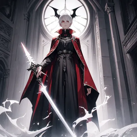 A male vampire with short white hair, piercing red eyes, and a serious expression. He is wearing dark, regal attire with intricate details, resembling royal clothing, and a long, flowing cape. His posture is imposing and confident as he holds a sword made ...