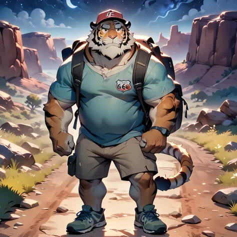 masterpiece, best quality, very aesthetic, absurdres, BREAK noise reduction, BREAK super fine illustration, insanity detailed, ultra detailed, BREAK [face:full body:10], looking away, from above, american country, backpacker, plump middle-aged tiger man, f...