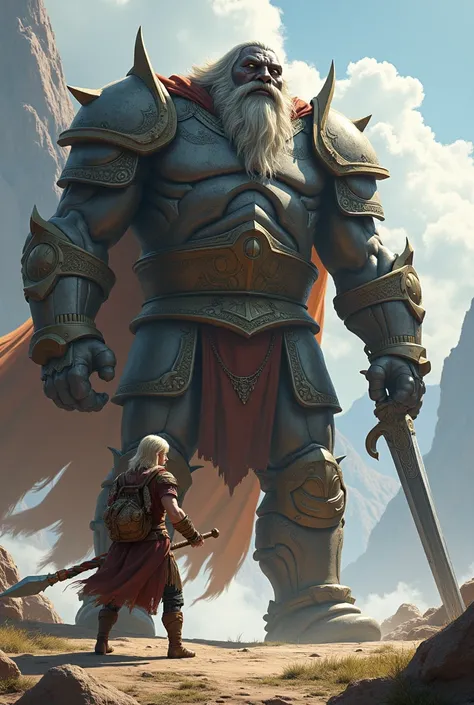 Create an image of the giant Goliath with a sword and spear and the young man with a gentle appearance, with a staff and a Disney-style saddlebag 