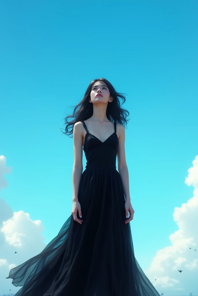 a woman looking at the sky in a black dress