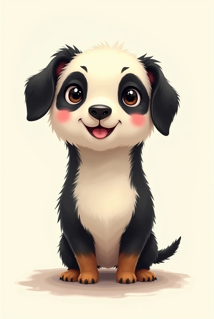 A miniature dachshund with a panda pattern is standing and smiling