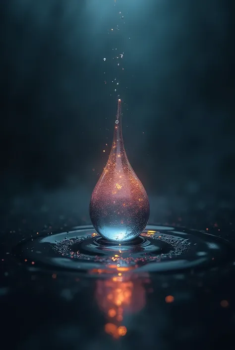 A Minimalist Art: A digital art of luminous water droplet in a very dark background. expressionistic, Emotional, Dynamic, Distorted emotional effects, energetic, Use unusual colors, detailed, (best quality, masterpiece, photorealistic), very aesthetic, per...