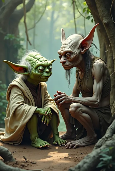 Yoda and Gollum sitting together 