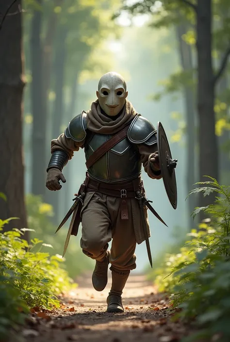 Young, short, medium-aged man with light armor and a non-intimidating comedy mask that covers his entire face, that he is running at a fast speed along a path surrounded by trees and that he has a pair of daggers tied to the side of his waist and a small s...