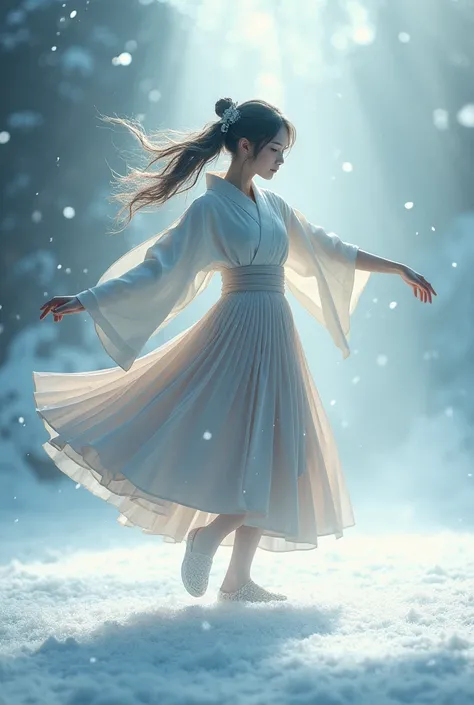 A teenage girl dancing in a world where time has stopped,Hakama dress,Fluffy hair